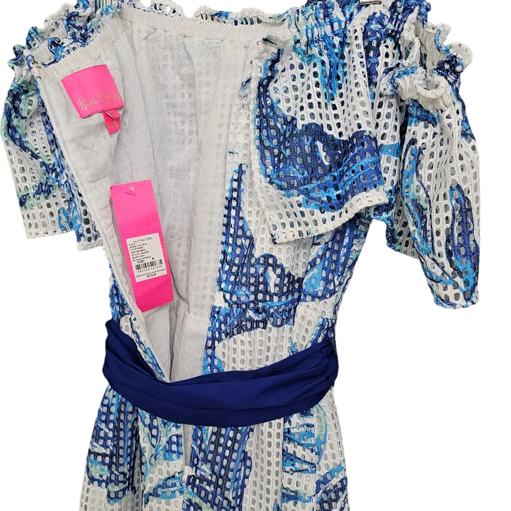 Nwt Lilly Pulitzer Sona White/Blue Floral Off Shoulder Tiered Mesh Midi Dress - Picture 12 of 17